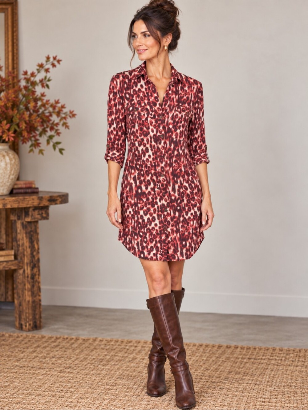 Red Leopard Print Stretch Comfy Soft Knit Shirt Dress Tab Sleeves Office Siren S